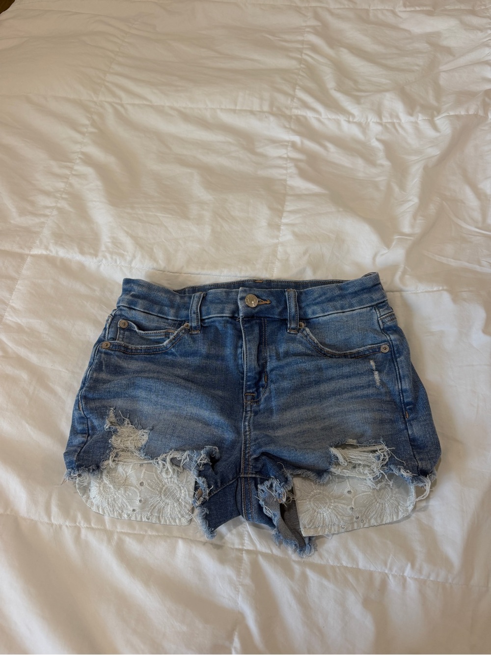 American Eagle Outfitters Blue Distressed Denim Shorts with White Lace